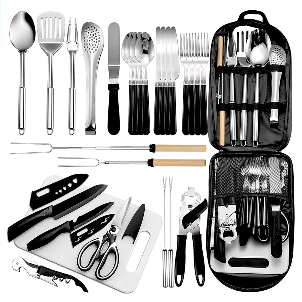 Stainless Steel Black-Handled 56-Piece Home Dining & BBQ Utensil Set